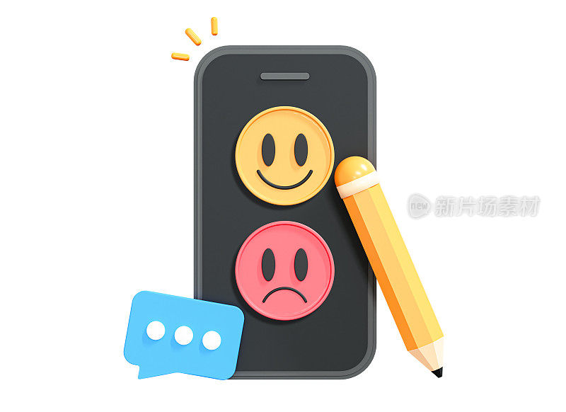 3D Phone with feedback and survey. Online opinion. Positive and negative emotion. Performance rating. Satisfaction measurement. Cartoon creative design icon isolated on white background. 3D Rendering